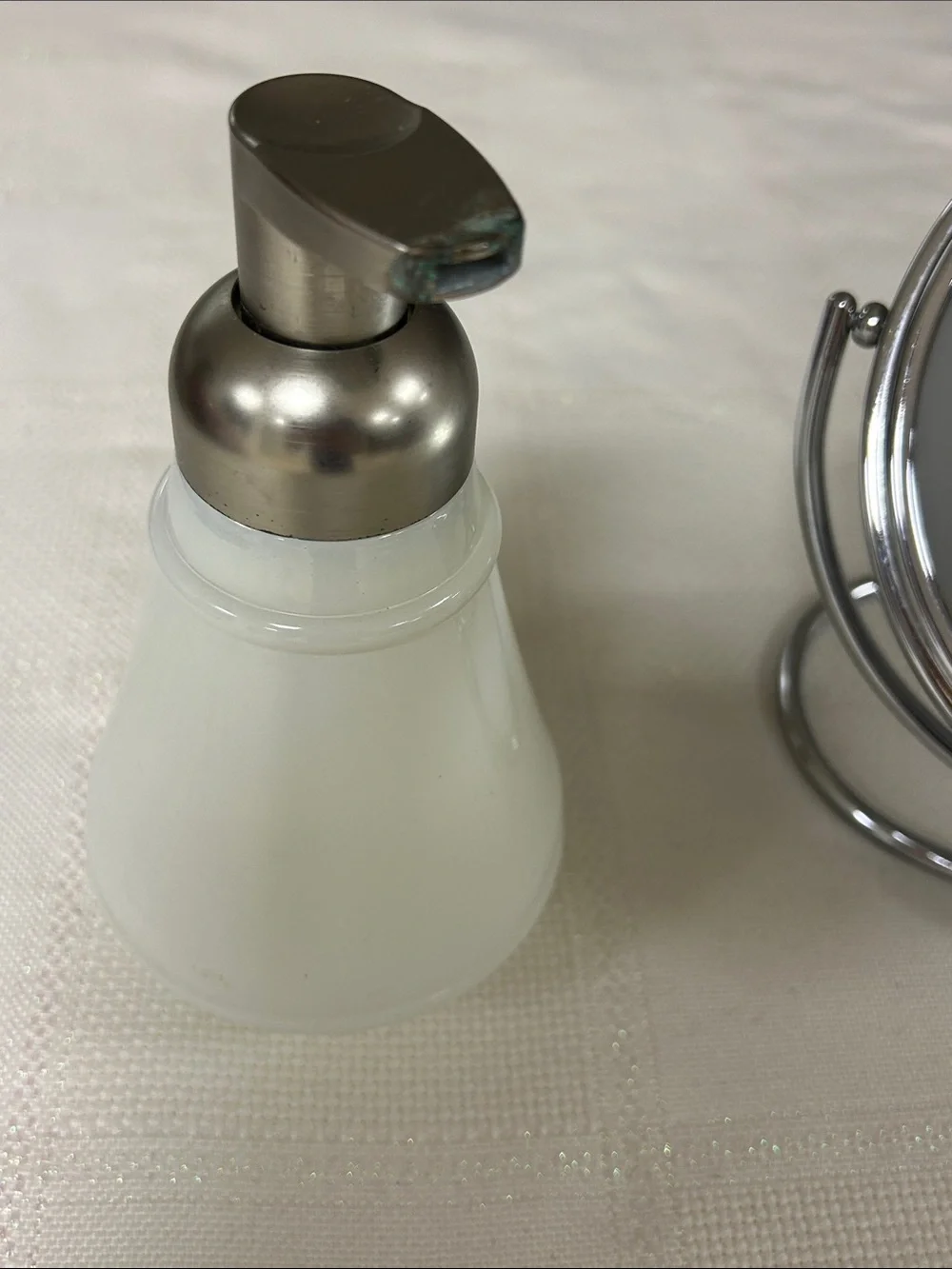 Compact Round Makeup Mirror & White Glass Soap Dispenser